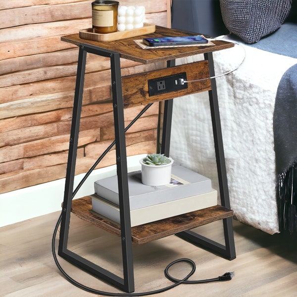 End Table with Charging Station and USB Ports Rustic Brown and Black 2-Tier Nightstand with Storage Shelf, Narrow Side Table for Small Space