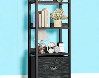 5 Tier Bookshelf with Drawer Tall Narrow Wood and Metal Bookcase, Storage Organizer, Industrial Standing Display Shelf Unit for Bedroom
