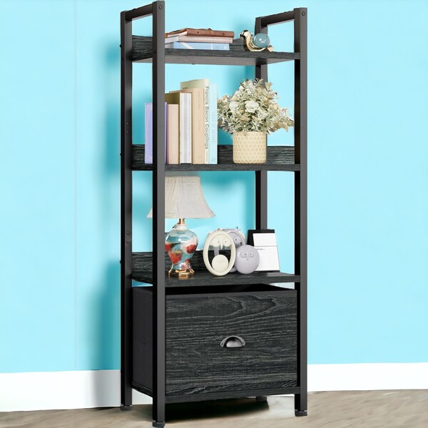 5 Tier Bookshelf with Drawer Tall Narrow Wood and Metal Bookcase, Storage Organizer, Industrial Standing Display Shelf Unit for Bedroom