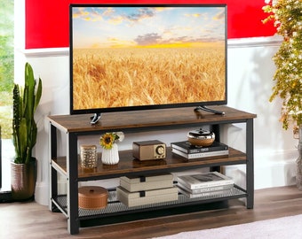 Small TV Stand for TVs up to 50 inch Rustic Brown 43.5” Wood Media Entertainment Center with Metal Frame, 3-Tier Open Storage Shelves, Farm