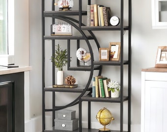 Industrial 5 Tier Etagere Bookshelf Freestanding Tall Bookcase with 9-Open Storage Shelf, Display Shelf Storage Organizer for Living Room