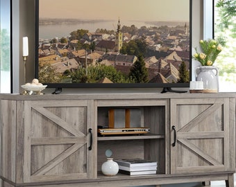 Rustic Oak Farmhouse TV Stand for 65 Inch TVs: Rustic Oak Wooden TV Console Cabinet with Barn Doors for Living Room
