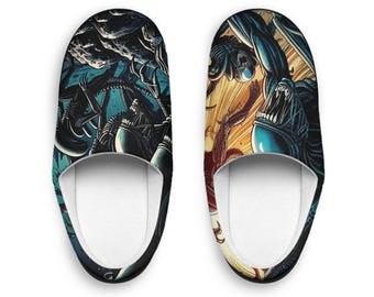 Pantuflas de cómic de xenomorfo alienígena, zapatillas de estar por casa para hombre con criaturas de ciencia ficción, calzado con diseño de novela gráfica de monstruos espaciales, dormitorio geek