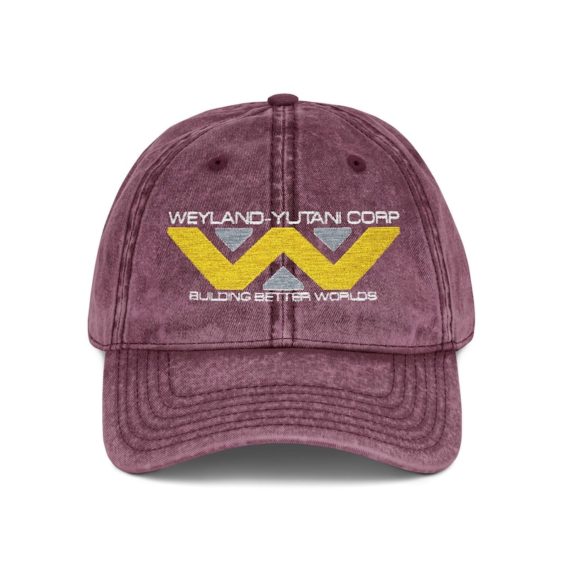 Weyland-Yutani Distressed Cap - Alien Series Vintage Embroidered Hat, Building Better Worlds Maroon