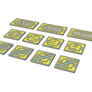 Peut inclure: Ensemble de tuiles de jeu jaunes et grises. Certaines tuiles portent les mots "EXIT", "SALIDA" et "AUSGANG". D'autres tuiles ont des chiffres ou le mot "BARRICADED".