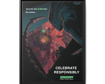 Exclusiva del Día del Extraterrestre: Arte sintético en lienzo de Xenomorph y Seegson de 18 x 24 pulgadas - Impresión en lienzo mate enmarcada