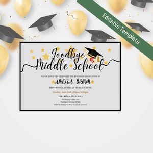 May include: A graduation party invitation with a gold and black color scheme. The invitation features a graduation cap, stars, and the text "Goodbye Middle School". The invitation is for Amelia Brown's 8th grade graduation from Woodland Hills Middle School. The party will be held on Sunday, June 2nd from 4:00pm to 8:00pm at The Crystal Event Hall, 333 Happy Valley Ave, Portland, Oregon 97200. RSVP to Emma by May 25th at (555)-5555555.