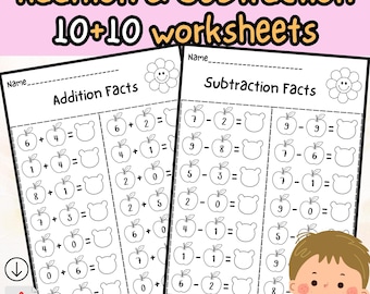 Addition and Subtraction Worksheets | 20 Math Facts Practice Pages | Kindergarten and 1st Grade | Printable PDF + Answer Key