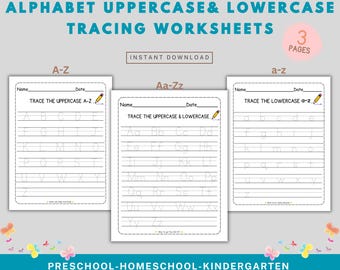 Printable Trace the Alphabet Worksheets A-Z Uppercase Lowercase Letters, Handwriting Practice Kindergarten Preschool Homeschool, PDF File