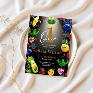 dancing fruit birthday invitation, colorful kids&#39; birthday template, editable first birthday invite, digital download for toddlers