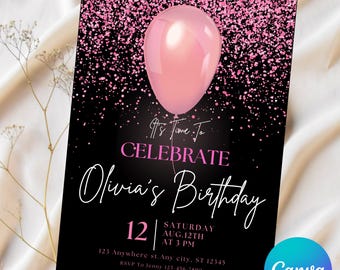 Editable Pink Glitter Balloons Birthday Party Invitation, Balloons Party Invite, Pink Birthday Party Invite Women Party, Digital Download