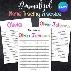 Puede incluir: Hoja de trabajo imprimible para practicar el trazado de nombres con el nombre "Olivia Johnson" en colores arcoíris. La hoja de trabajo incluye varias líneas para trazar el nombre.