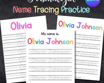 Editable Name Tracing Worksheet | Personalized Preschool Handwriting Practice | Rainbow Name Printable | Canva Template PDF