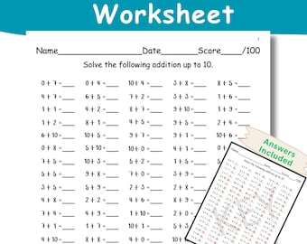 20 Printable Math addition Worksheets for Kindergarten - Fill in the Blanks -Addition Practice Worksheets, Math Drills, Answers Included