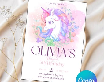 Unicorn Birthday Invitation Girl Editable | Rainbow Pastel Party Invite | Magical 5th Birthday Template, Pastel Unicorn party UN03