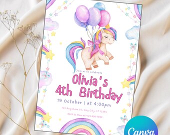 Unicorn Birthday Invitation, Unicorn Theme Invitation, Unicorn Party Editable invitation, Editable Party Invite Template Pastel Unicorn UN02