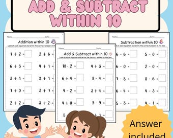 15 wydrukowanych arkuszy do dodawania i odejmowania w ciągu 10-Zajęcia matematyczne - Arkusze matematyczne dla przedszkola i pierwszej klasy do natychmiastowego pobrania w formacie PDF