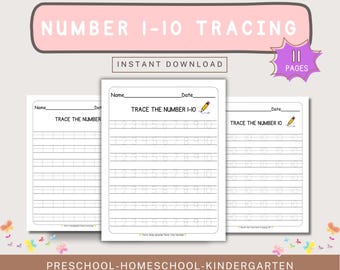 Number Tracing Worksheets 1-10, Traceable Numbers, Kindergarten Worksheets, Kids Tracing, Learning Numbers, Kids Handwriting Practice