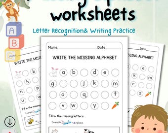 7 pages of Missing Alphabet Worksheets | Letter Recognition & Phonics Practice | Preschool and Kindergarten Printable PDF