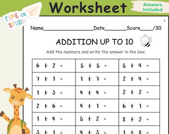 10 Printable Math Addition Worksheets-Fill in the Blanks-Single Digit Addition-Fun Math Activities - Kindergarten and 1st Grade