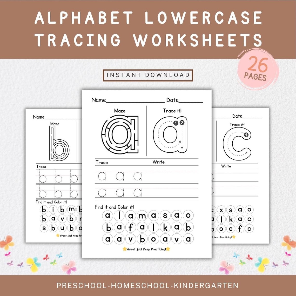 Printable Trace the Alphabet Worksheets A-Z Lowercase Letters ...