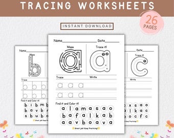 Printable Trace the Alphabet Worksheets A-Z Lowercase Letters, Handwriting Practice Kindergarten Preschool Homeschool, PDF File