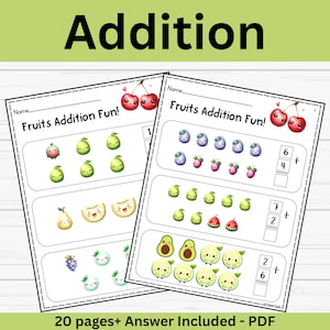 Addition with Pictures Sum up to 1–10 | Kindergarten Math Worksheets Printable with Cute Fruits Preschool Math, Beginning Math