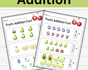 Addition with Pictures Sum up to 1–10 | Kindergarten Math Worksheets Printable with Cute Fruits Preschool Math, Beginning Math
