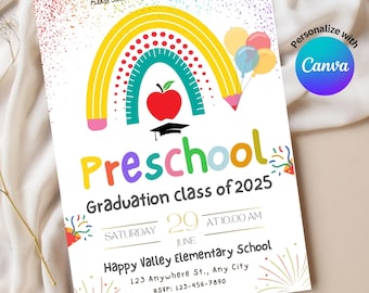 Editable Preschool Graduation Invitation | Colorful Canva Template | Instant Download Printable for Kids’ Graduation Party”