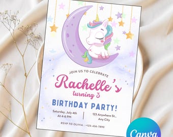 Unicorn Birthday Invitation Girl, Editable Party Invite Template, Unicorn Theme Invitation, Unicorn Party Editable invitation UN01