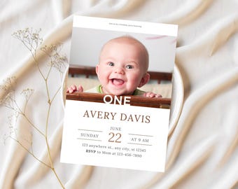 Editable First Birthday Invitation, Minimal First Birthday Invite Template, 1st Birthday Photo Invitation, Digital Download