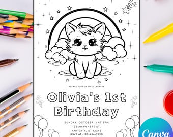 Printable 1st Birthday Coloring invitation, Editable Cat Party Invite, Cat Coloring Birthday Invite, Digital Template