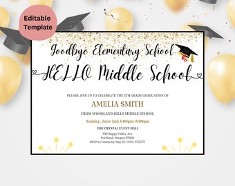 5Th Grade Grad Elementary School Graduation Invitation Goodbye Elementary School Last Day of school Middle School Editable Invite