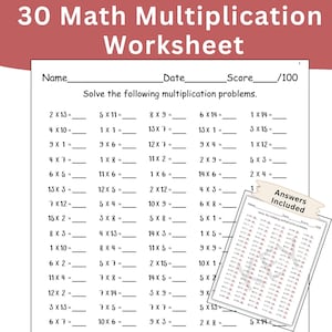 May include: A black and white printable worksheet with the title "30 Math Multiplication Worksheet". The worksheet includes 30 multiplication problems for students to solve. The problems are arranged in two columns and include numbers from 1 to 15. The worksheet also includes a section for the student's name, date, and score.