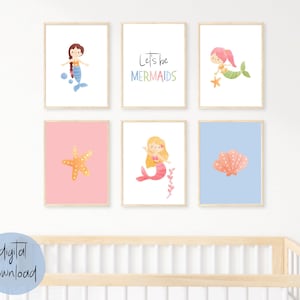 Set of 6 Mermaid Prints, Mermaid Nursery Decor, Mermaid Playroom Decor, Girls Mermaid Room, Mermaid Wall Art, Let&#39;s Be Mermaids, Boho Art