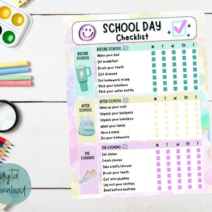 May include: A colorful printable checklist for school days. The checklist includes tasks to complete before school, after school, and in the evening. The checklist is divided into three sections: Before School, After School, and The Evening. Each section has a list of tasks with checkboxes next to each task. The checklist also includes a calendar with days of the week: Monday, Tuesday, Wednesday, Thursday, and Friday.