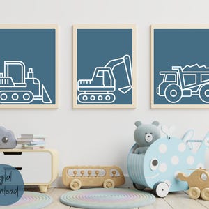 Construction Vehicle Nursery Wall Art, Construction Trucks Kids Room Decor, Dump Truck Wall Art, Boys Playroom Prints, Blue Nursery Decor