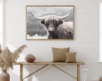 Conjunto de estampas de vacas das Terras Altas, decoração de fazenda em preto e branco (download digital)