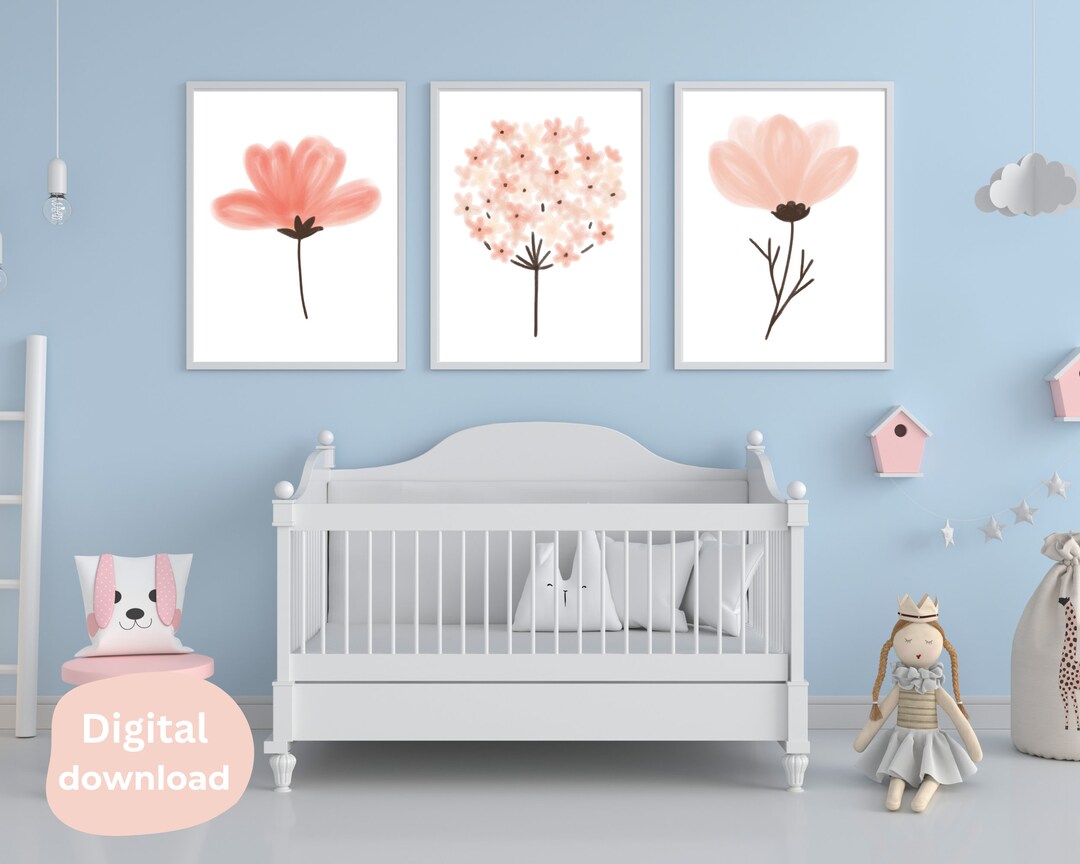 Watercolor Flower Prints Set, Blush Pink Nursery Decor (digital ...