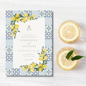 Italian Wedding Invitation Template, Mediterranean Blue Tile & Lemon Design, Printable and Editable Wedding Invite, Editable Canva File