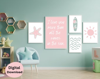 Surf Girl Nursery Prints, Boho Coastal Kids Room Art (Digital Download)