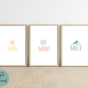 Sun, Sand, and Salt Wall Art, Beach Nursery Decor, Ocean Themed Nursery Decor, Surf Nursery, Beach Vibes Nursery, Coastal Prints, Set of 3