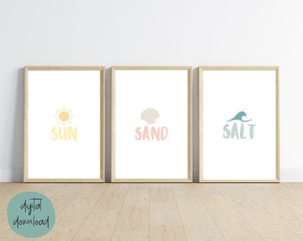 Set di stampe Sole, Sabbia e Sale, Decorazione per cameretta dei bambini in stile spiaggia (download digitale)