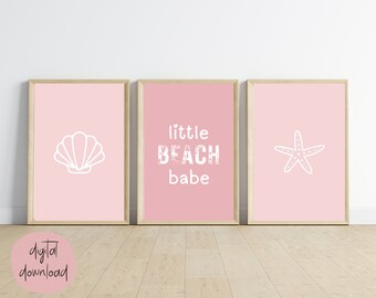 Beach Babe Nursery Prints: Pink Shells, Starfish, Set of 3 (Digital Download)