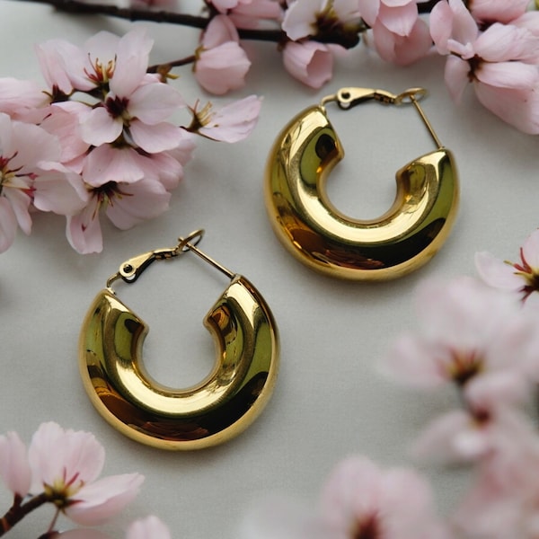 18k Gold Plated CHUNKY HOOP EARRINGS- Earrings Popular Among Fashion Enthusiasts & Celebrities, Hypoallergenic Hoops, Trending Jewellery