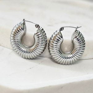 Big HOOP EARRINGS- Unique and Different Jewellery- Silver Chunky Earrings- Hypoallergenic Textured Hoops- Modern And Trendy Stainless Steel