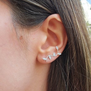 Sterling Silver Leaf Ear Climbers: Cubic Zirconia Crawler Earrings