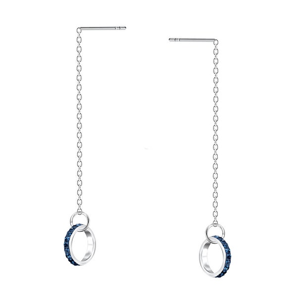 MINI CIRCLE Blue Long Threader Chain EARRINGS- Solid Sterling Silver Large Chain Drop Modern Earrings