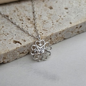 HEART SHAPED NECKLACE Jewelry- Silver Heart Pendant - Dainty Flower Pendant- Sterling Silver Minimalist Flower Pendant