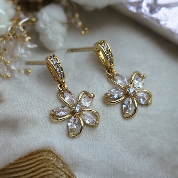 14k GOLD Plated Huggie Minimal HOOP EARRINGS- Beautiful Tiny Flower Dangle Cluster Drop Earrings, White Cherry Blossom Cristal Earrings